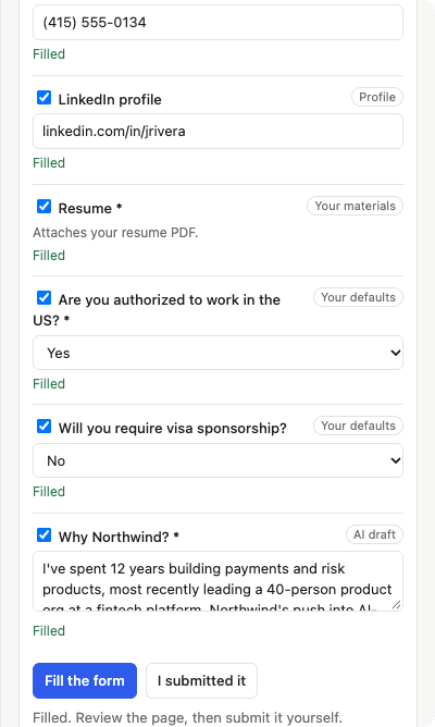 The Compass Apply side panel after filling a sample application: profile answers, attached resume, work authorization, and an AI-drafted answer, each marked Filled.